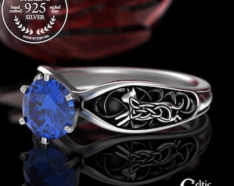 Sapphire Kitty Cat Ring, Sterling Celtic Cats Engagement Ring, Silver Amethyst Cat Bridal Wedding Ring, Round Emerald Proposal Ring, 3255