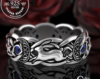Sterling Rabbit & Magic Moons Ring, Sapphire Witch Statement Ring, Silver Bunny Love Ring, Celtic Hare Wedding Ring, Divine Goddess, 3285