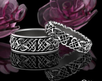 Celtic Knot Heart Ring Set, Mens & Womens Celtic Ring Knot Set, Love Knot Sterling Ring Set, Heart Matching Wedding Ring Set, 4013 4012