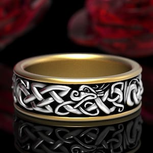 Sterling & 10K Gold Dragon Ring, 2tone Celtic Dragon Ring, Gold Irish Dragon Wedding Band, Bi-Color Gold Viking Dragon Wedding Ring, 1710