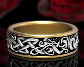 Sterling & 10K Gold Dragon Ring, 2tone Celtic Dragon Ring, Gold Irish Dragon Wedding Band, Bi-Color Gold Viking Dragon Wedding Ring, 1710