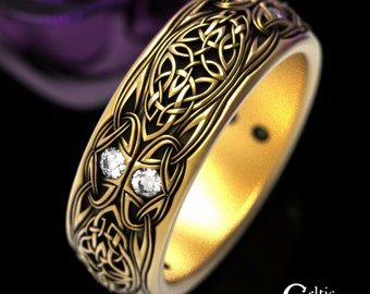 Moissanite Celtic Mens Ring, Mens Gold Moissanite Ring, Gold Wedding Band for Men, Irish Mens Gold Ring, Platinum Mens Celtic Ring, 1804