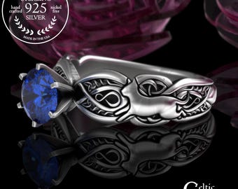 Sapphire Cat Soulmate Engagement Ring, Sterling Celtic Cats Proposal Ring, Silver Lesbian Wedding Ring, Kitten Life Partner Ring, 3273