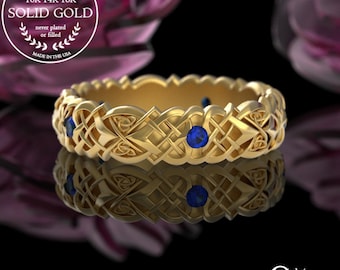 Gold & Sapphire Celtic Knot Ring, Heart Knot Gold Wedding Ring, Wedding Love Celtic Band, 10K 14K 18K Platinum, Unique Wedding Band, 4014