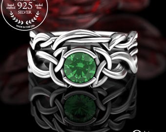 Emerald Engagement Ring Set, Bridal Trinity Knot Wedding Band & Solitaire, Sterling Irish Knotwork Wedding Pair, Matching Ring Set, 405 406