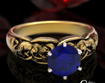 10K Sapphire Celtic Wolf Ring, 14K Wolf Engagement Ring, 14K Sapphire Celtic Engagement Ring, Direwolf Ring, Gold Wolf Wedding Ring, 1868