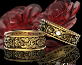 14K Thistle Wedding Set, Moissanite Thistle Ring Set, Matching Scottish Wedding Rings, Gold Scottish Rings, Thistle Gold Rings, 1769 1768