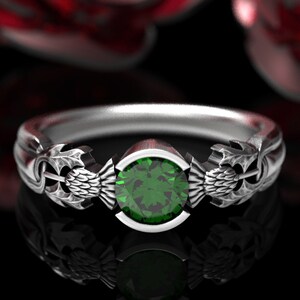 Thistle Engagement Ring, Sterling Silver & Emerald, Scottish Solitare, Floral Wedding, Handcrafted Rings, Alternative Engagement Ring 1774 image 2