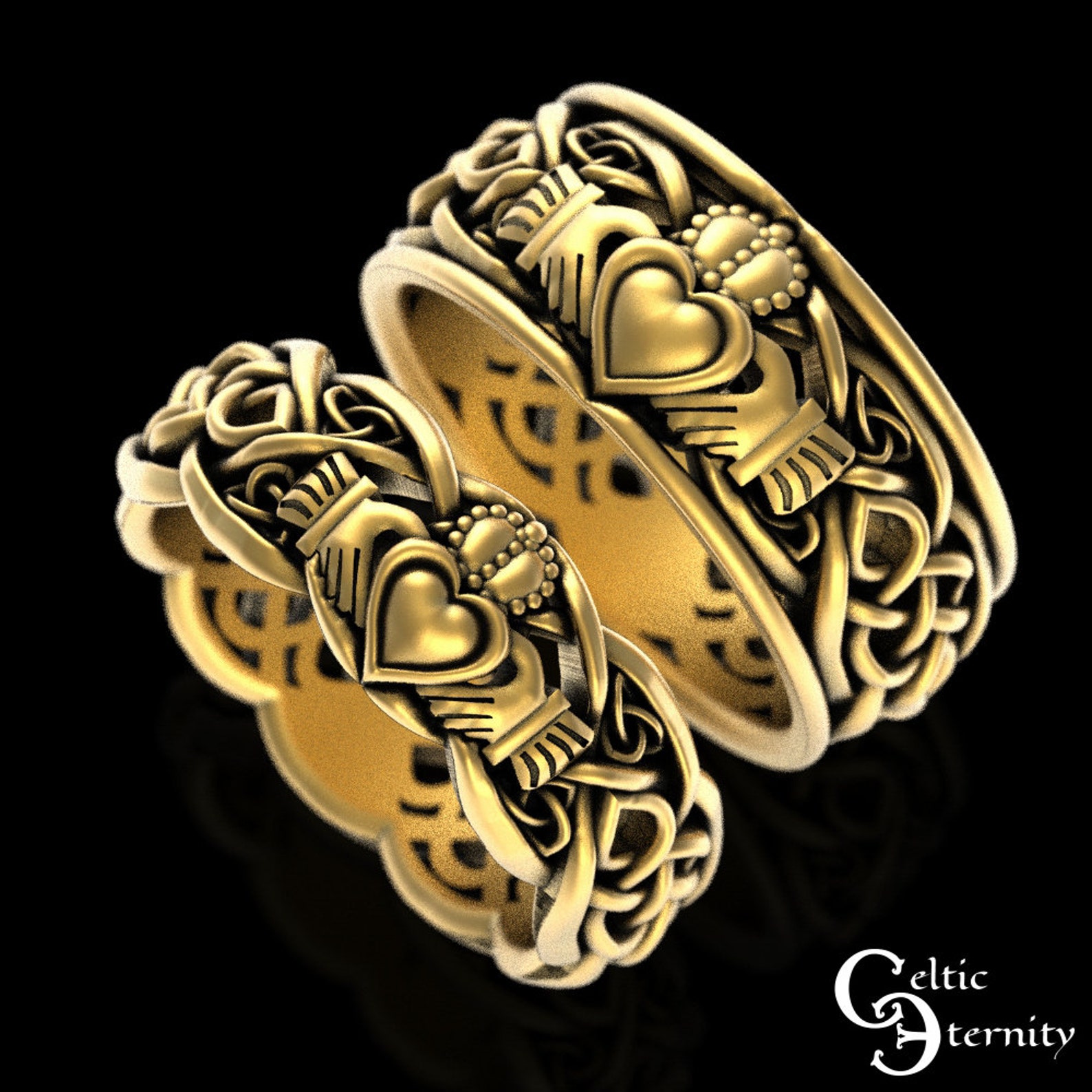 Gold Matching Claddagh Wedding Ring Set, 10K 14K Claddagh Wedding Bands Gold Matching Claddagh Wedding Ring Set, 10K 14K Claddagh Wedding Bands