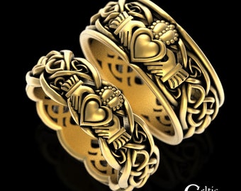 Gold Matching Claddagh Wedding Ring Set, 10K 14K Claddagh Wedding Bands, 18K Scottish Heart Ring, Gold Irish Crown Heart Rings, 1683 1687