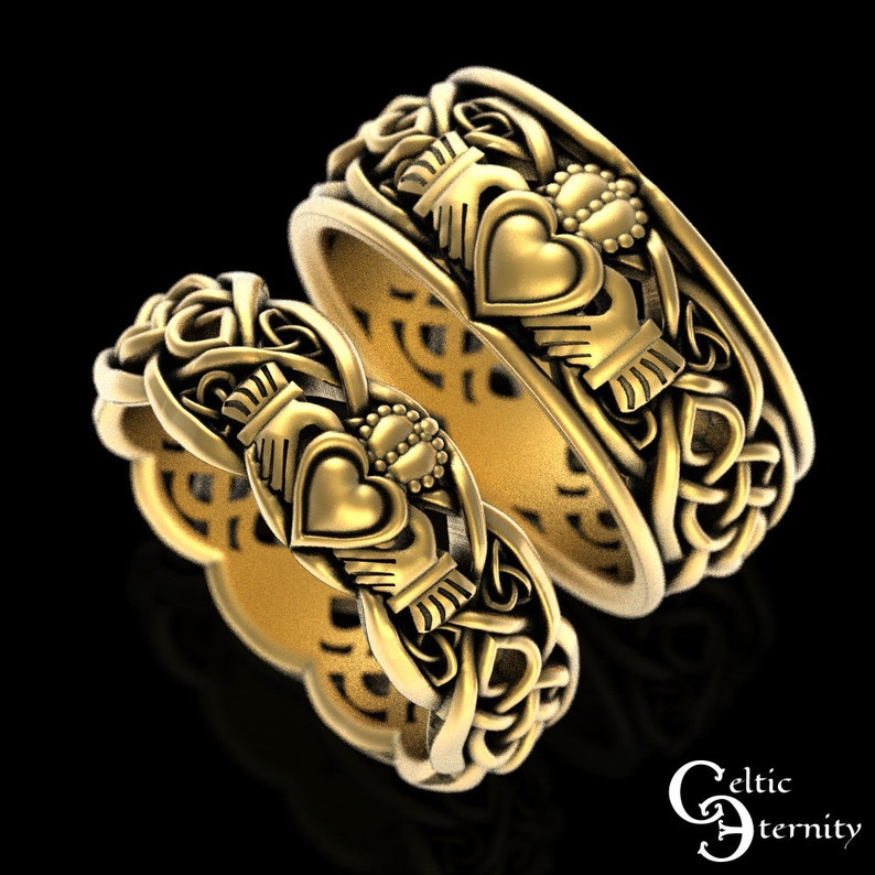 Gold Matching Claddagh Wedding Ring Set, 10K 14K Claddagh Wedding Bands, 18K Scottish Heart Ring, Gold Irish Crown Heart Rings, 1683 1687 image 1