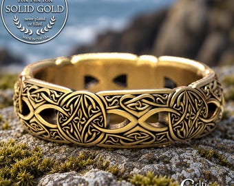 Woman's Gold Irish Wedding Band, 14K White Gold Scottish Bridal Ring, Platinum Celtic Heart Anniversary Jewelry, 1407