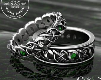 Emerald Matching Wedding Bands, Sterling His Hers Scottish Rings