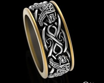 Sterling & 10K Gold Mens Nordic Bear Wedding Ring, 2tone Gold Scottish Bears Ring, Grooms Irish Knotwork Bear, Celtic Grizzly Bear Ring 4025
