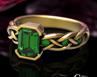 Emerald Engagement Ring with Accent Stones, Gold Emerald Engagement Ring, 14K Celtic Emerald Ring, Gold Emerald Engagement Ring, 1849