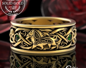 Emerald Gold Lion Ring, 10K 14K Gold Lion Wedding Ring, Gold Celtic Lion Ring, Mens Gold Irish Ring, 18K Lion Ring, 10K Gold Leo Ring, 3049