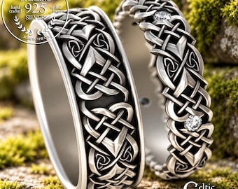 Celtic Knot Moissanite Wedding Ring Set, Matching Celtic Heart Knot Rings, His & Hers Sterling Celtic Ring Set, 4012 4014