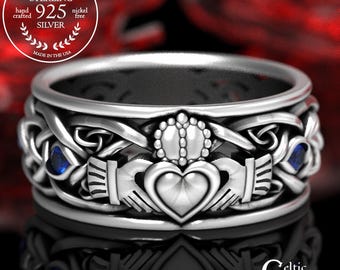 Mens Sterling Silver Celtic Claddagh Ring with Sapphire, Modern Claddagh Wedding Ring, Trinity Knot Silver Heart Ring, Irish Love Ring 1688
