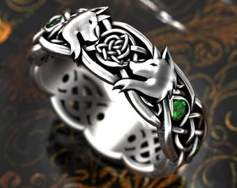 Emerald Wolves Wedding Band, Sterling Celtic Wolf Ring, Womens Wolf Wedding Ring, Emerald Irish Wedding Band, Silver Womens Irish Ring, 9101