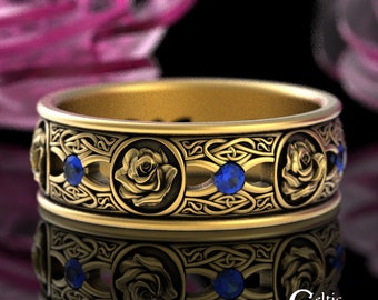 Sapphire & Gold Rose Wedding Ring, 10K Celtic Rose Ring, 14k Irish Rose Wedding Band, 10K Rose Wedding Ring, Sapphire Rose Ring, 3045