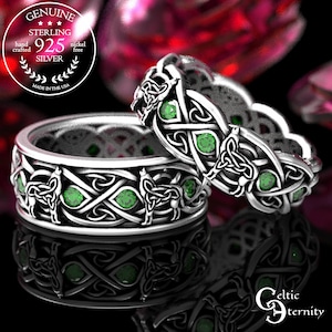 Matching Wolf Rings, Sterling & Emerald, His Her Celtic Ring, Silver Wedding Ring Set, Matching Wedding Bands, Wolf Ring Set, 1267 1269