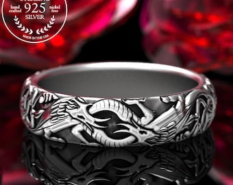 Norse Dragons Ring, Sterling Celtic Dragon Wedding Band, Women's Wyvern Marriage Ring, Medieval Dragon Ring, Silver Viking Dragon Ring, 1803
