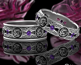 Amethyst Rose Flower Celtic Wedding Ring Set, Sterling Scottish Knotwork Matching Rings, Silver His Hers Irish Knot Wedding Bands, 3045 3046