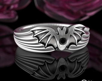 Sterling & Black Spinel Bat Ring, Silver Halloween Ring, Vampire Ring, Spooky Wings Ring, Cute Bat Jewelry, Silver Goth Wedding Ring, 3141