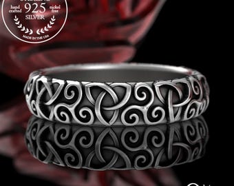Womens Triskelion Celtic Ring, Sterling Silver Spiral Wedding Band, 925 Triskele Irish Knotwork Ring, Ancient Viking Symbol Design, 3209