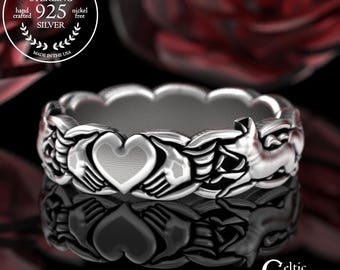 Sterling Fox Handfasting Ring, Celtic Fox Soulmates Wedding Band, Foxes Claddagh Ring, Welsh Heart Wedding Ring, Silver Vixen Ring, 3246