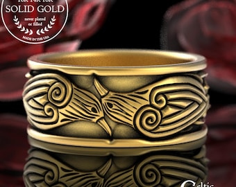 Mens Gold Raven Ring, Hugin Munin, 10K Viking Raven Ring, 14K Raven Wedding Ring, Gold Odin Ring, Norse Raven Ring, Celtic Raven Ring, 1670