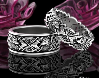 Matching Fox Wedding Rings, His Hers Soulmate Rings, Sterling Silver Celtic Fox Wedding Bands, Couples Foxes Heart Knotwork Rings, 3020 3153