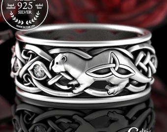 Sterling Celtic Otter Ring, Otter Wedding Ring, Moissanite Otter Ring, Otter Jewelry, Irish Otter Ring, Celtic Animal Ring, 3026
