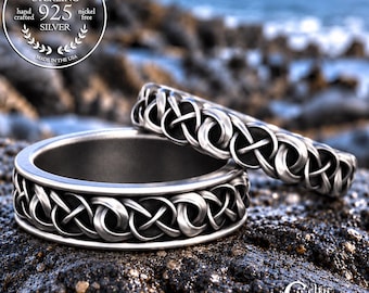 Sterling Minimalist Celtic Wedding Rings, Silver Irish Knotwork Matching Bands Set, 1983 1988