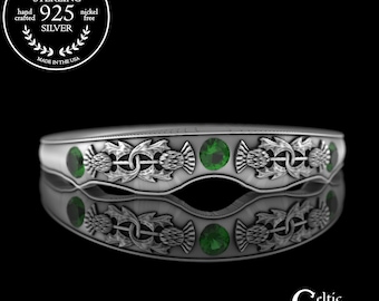 Accent Stacking Thistle Wedding Band, Sterling Emerald Irish Fitted Marriage Ring, Sapphire Celtic Stacker Ring, Amethyst Notched Ring, 1775
