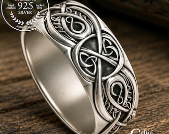 Sterling Men's Celtic Wide Wedding Band, Silver Irish Groom Trinity Knot Ring, Scottish Weave Ring with Infinity Signs, 1641