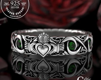 Brides Emerald Claddagh Trinity Wedding Ring, Sterling Irish Crown Heart Infinity Wedding Band, Womens Celtic Knotwork Handfasting, 3219