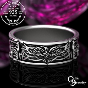 Sterling Raven & Wolf Ring, Mens Wedding Band, Raven Ring, Wolf Ring, Celtic Wolf Ring, Raven Jewelry, Celtic Wedding Band, 1697