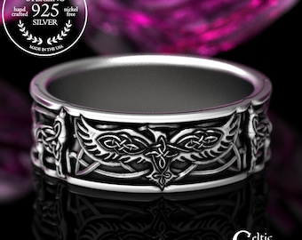 Sterling Raven & Wolf Ring, Mens Wedding Band, Raven Ring, Wolf Ring, Celtic Wolf Ring, Raven Jewelry, Celtic Wedding Band, 1697