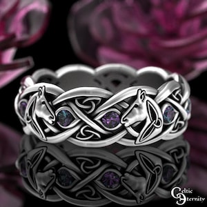 Alexandrite Celtic Horse Ring, Silver Horse Ring, Sterling Horse Wedding Ring, Stallion Ring, Horse Jewelry, Womens Silver Irish Ring, 3113