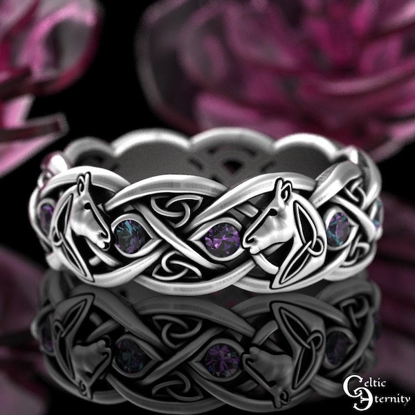 Alexandrite Celtic Horse Ring, Silver Horse Ring, Sterling Horse Wedding Ring, Stallion Ring, Horse Jewelry, Womens Silver Irish Ring, 3113