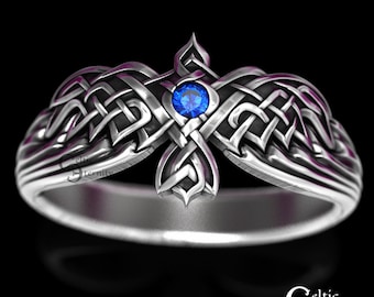 Sterling Silver Raven Ring, Sapphire Wedding Ring, Raven Jewelry, Sapphire Celtic Ring, Bird Wedding Ring, Silver Goth Ring, 1478