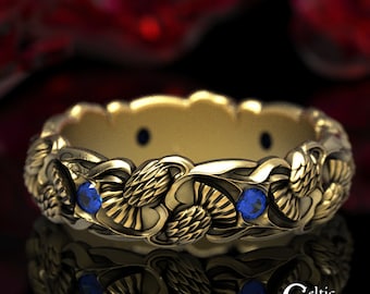 Gold & Sapphire Wedding Ring, Thistle Ring, Scottish Wedding Band, Celtic Wedding Ring, Irish Thistle Ring, Gold Celtic Wedding Ring, 1473
