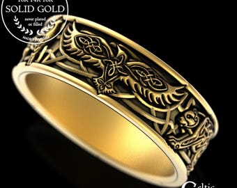 Gold 3 Animal Viking Wedding Band, Raven Wolf Bear Nordic Ring, 10K 14K Mens Viking Animal Ring, Norse Raven Bear Wolf Wedding Ring, 4161
