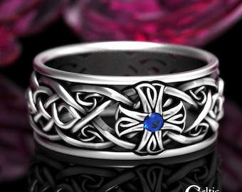 Sterling & Sapphire Celtic Cross Ring, Irish Cross Wedding Band, Mens Sapphire Cross Ring, Silver Irish Cross Ring, Sapphire Cross Ring 1929