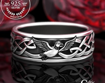 Men's Puffin Wedding Ring, Sterling Puffin Sea Bird Ring, Sea Parrot Animal, Silver Seashore Jewelry, Beach Wedding, 2118