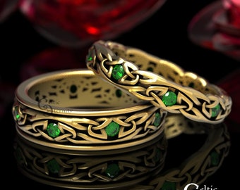 Emerald & Gold Wedding Ring Set, His Hers Gold Rings, Matching Celtic Wedding Bands, Platinum Wedding Ring, Emerald Celtic Ring, 1469 1467