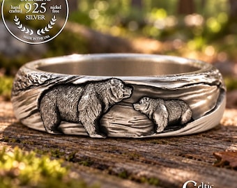 Sterling Momma Bear & Baby Cub Ring, Silver Guardian Bear Family Statement Ring, Mother's Day Gift, Cave Bear Ring, Warrior Mom Ring, 3293