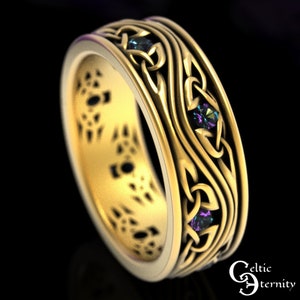 Gold Mens Alexandrite Ring, 10K Alexandrite Celtic Wedding Ring, 10K Irish Mens Wedding Band, Mens Alexandrite Wedding Band, Mens Ring, 1463
