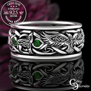 Sterling Raven & Wolves Wedding Ring, Mens Emerald Wolf Wedding Ring, Emerald Viking Ring, Viking Raven Ring, Raven Wedding Ring, 4697